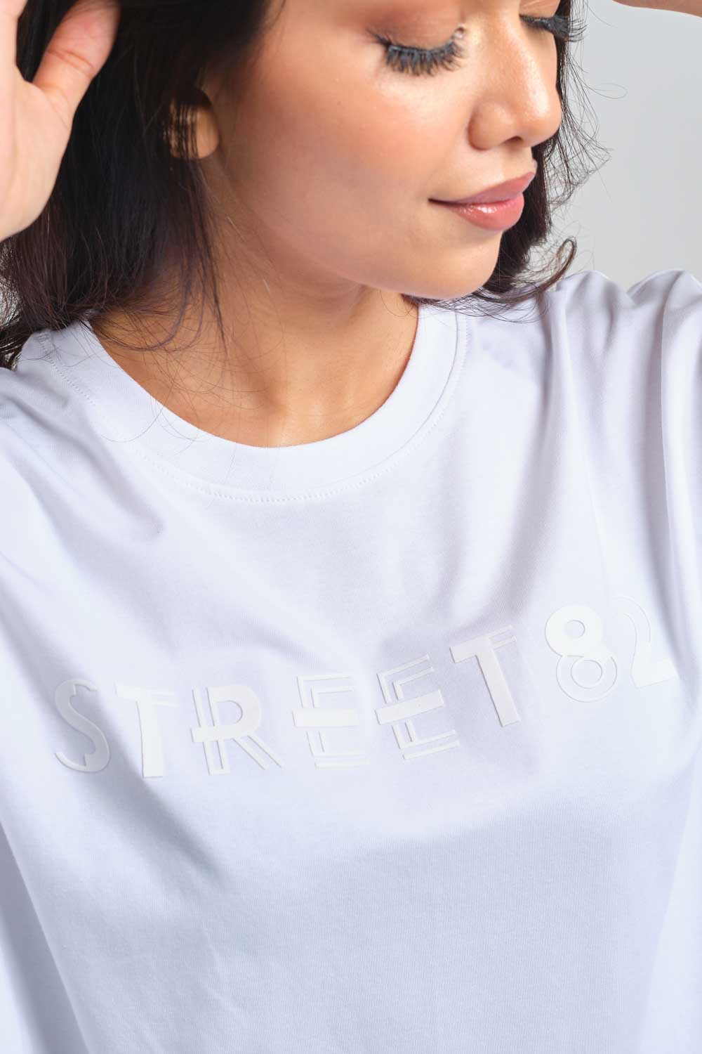 STREET82 large Logo - high build silicon print in front. Blue, black and white solid lycra jersey oversize T-shirt