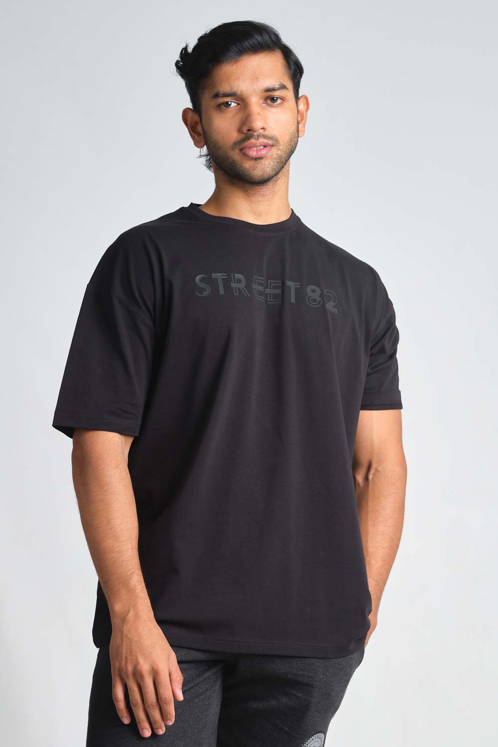 STREET82 large Logo - high build silicon print in front. Blue, black and white solid lycra jersey oversize T-shirt