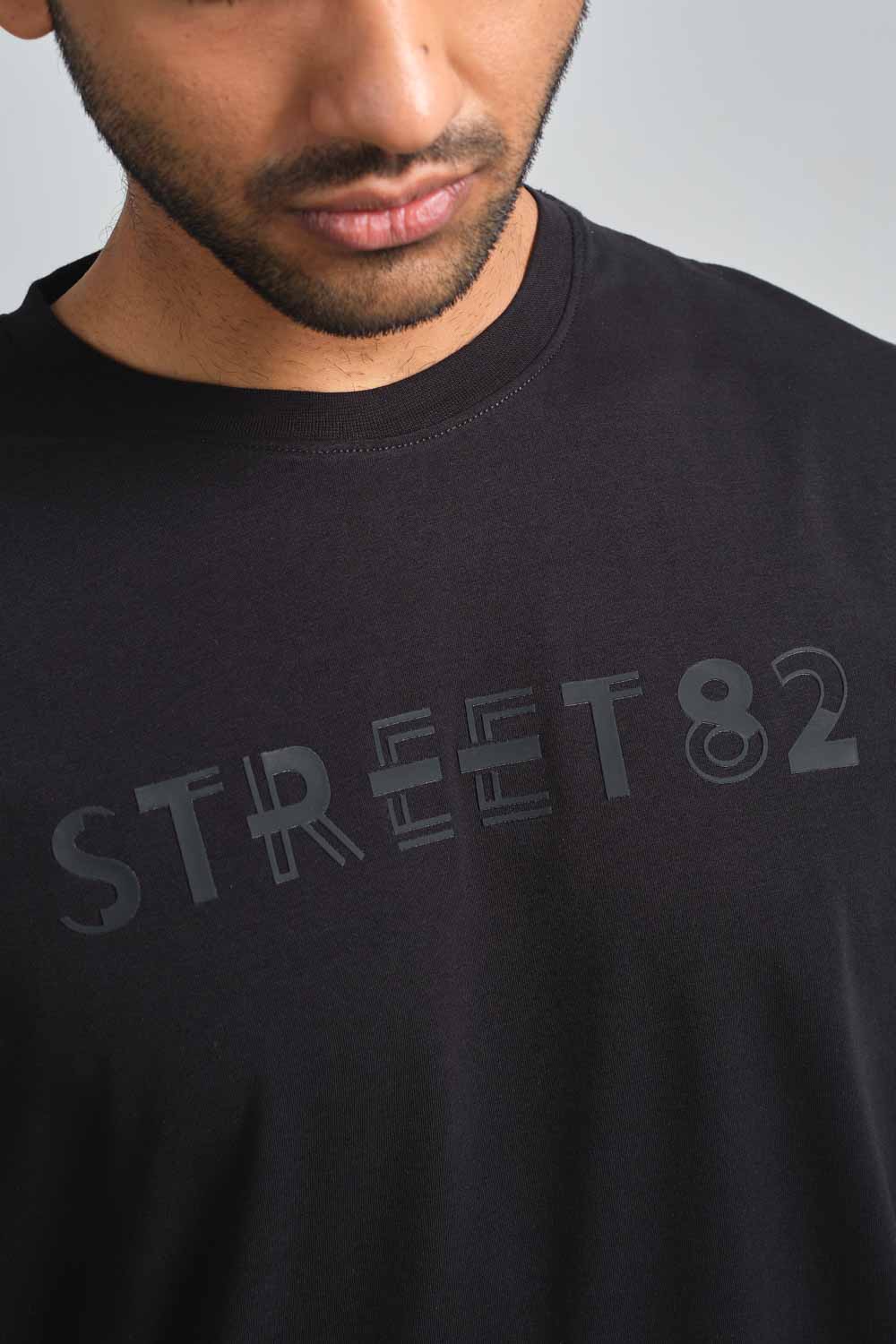 STREET82 large Logo - high build silicon print in front. Blue, black and white solid lycra jersey oversize T-shirt