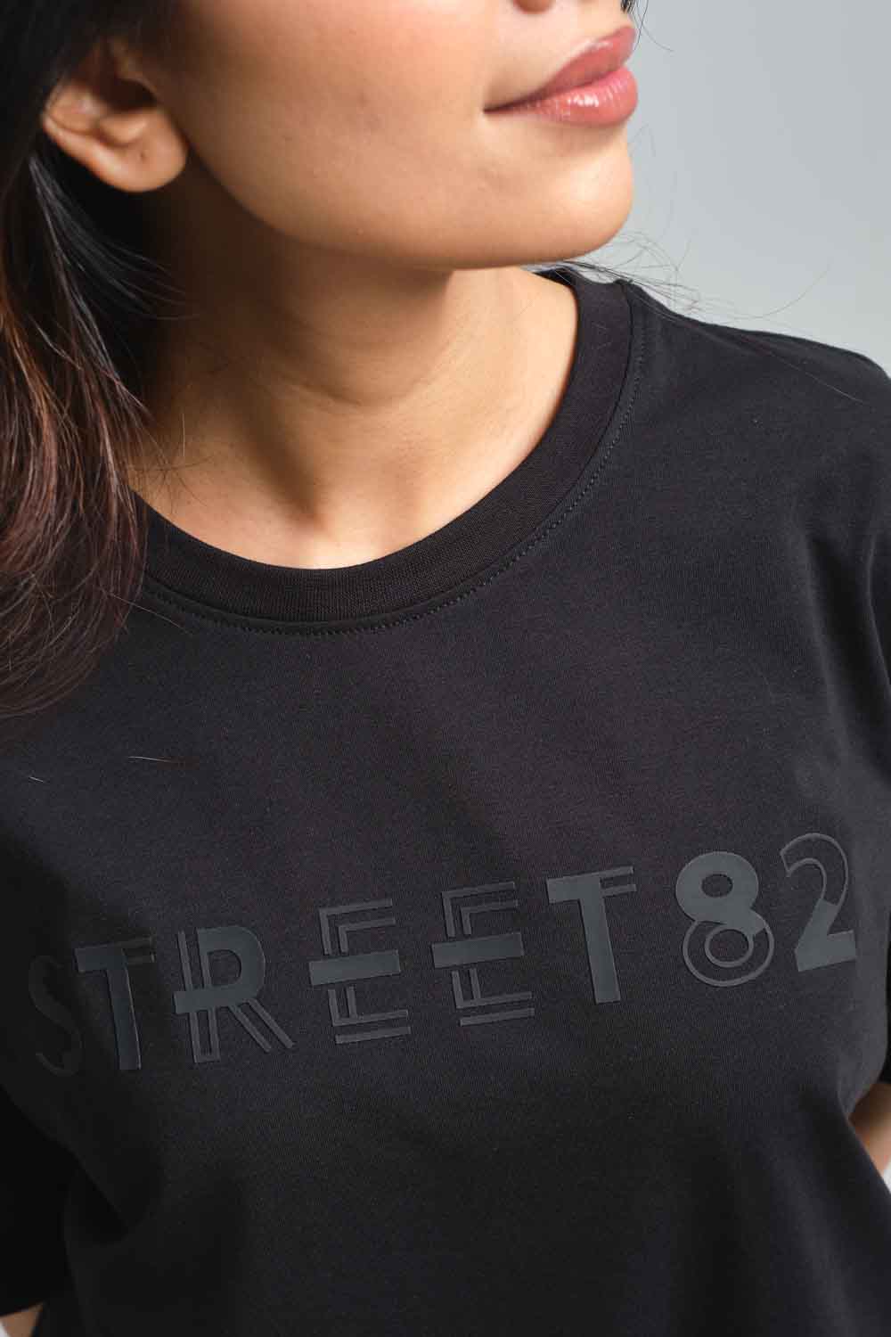 STREET82 large Logo - high build silicon print in front. Blue, black and white solid lycra jersey oversize T-shirt