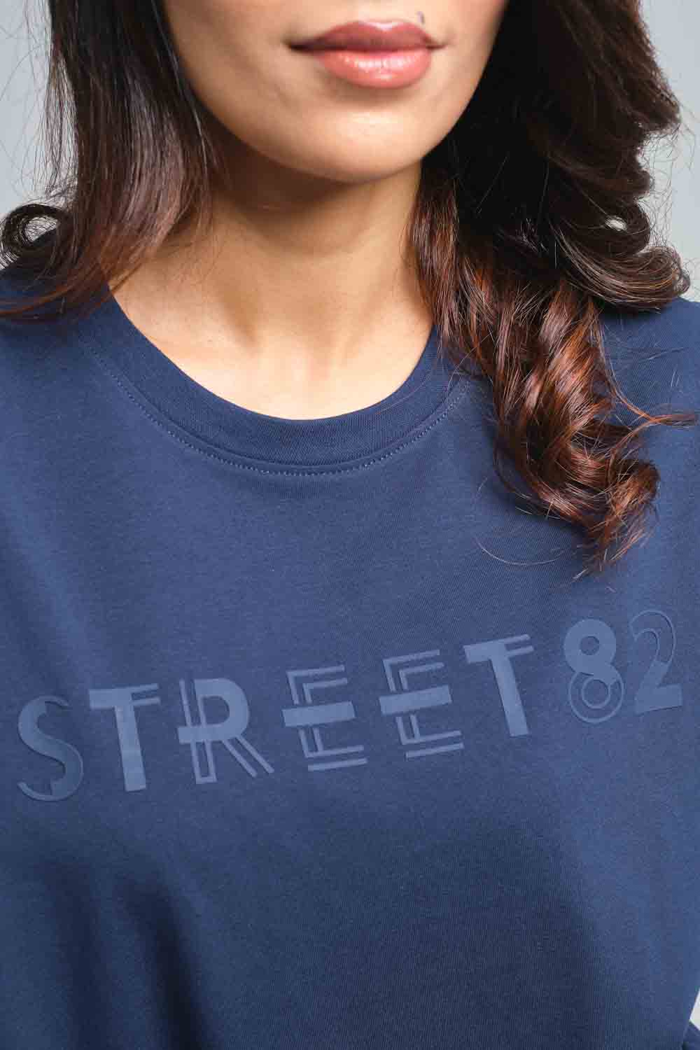 STREET82 large Logo - high build silicon print in front. Blue, black and white solid lycra jersey oversize T-shirt